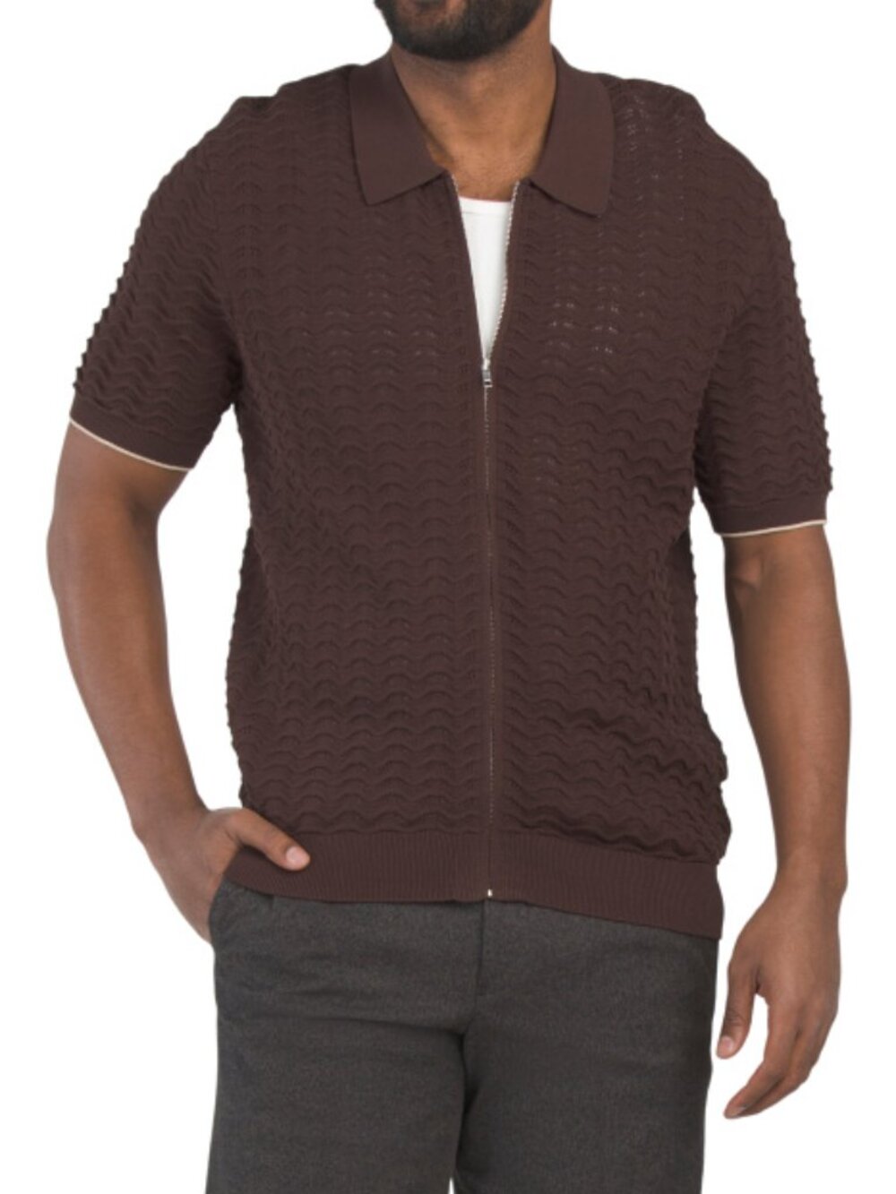 NN07 Men's Coffee Short-Sleeve Organic Cotton Full Zip Sweater